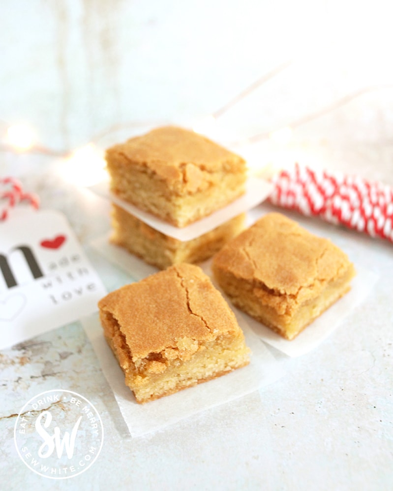 Packaging slices of the Blondie Recipe bake with greaseproof paper and string