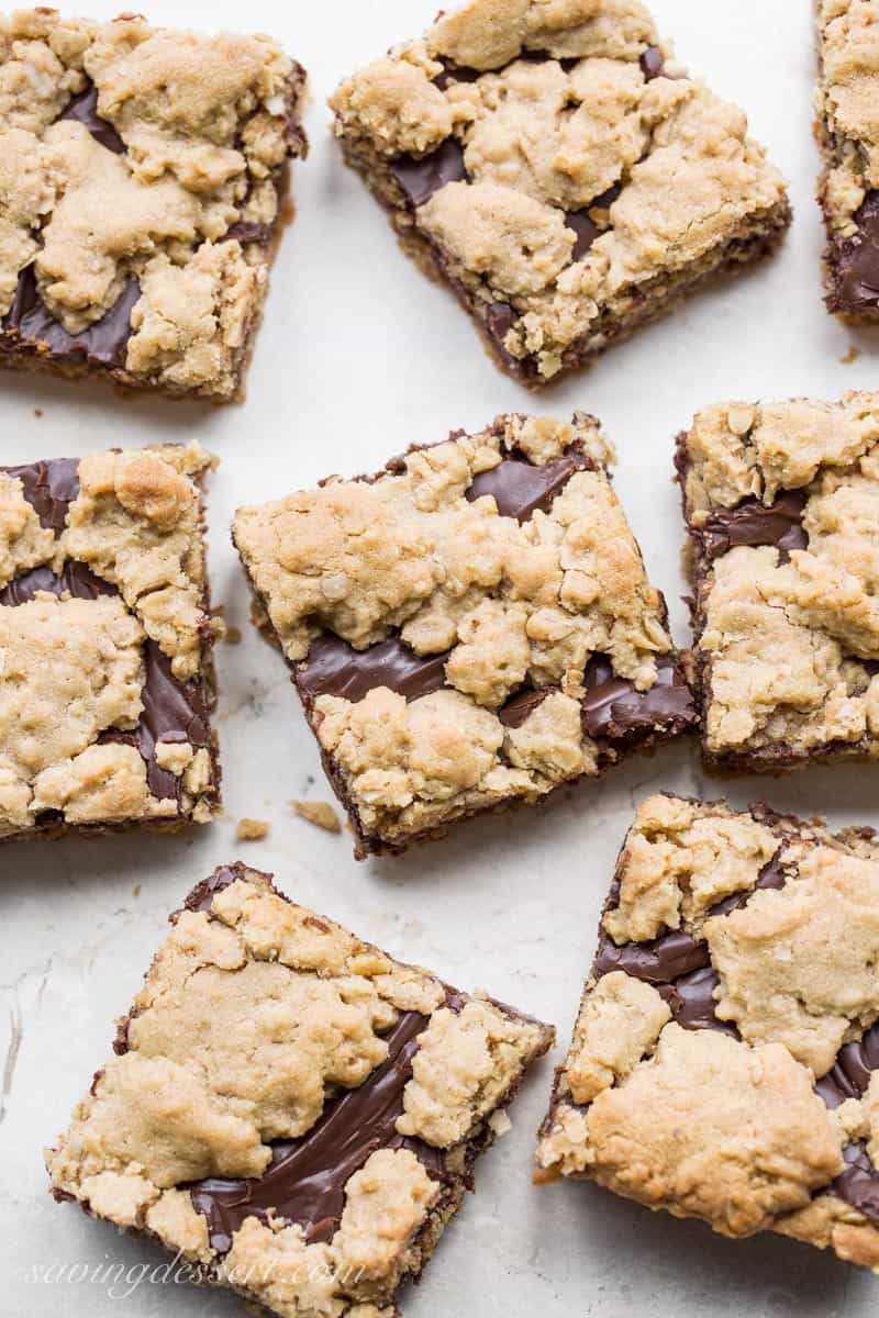Chocolate Peanut Butter Revel Bars ~ delicious cookie bars loaded with oats, are easy to make, travel well and taste delicious! www.savingdessert.com