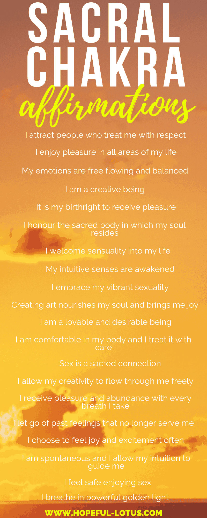 20 Powerful Sacral Chakra Affirmations For Healing Through The Phases When one chakra becomes overactive while another underactive, our chakras misalign. 20 powerful sacral chakra affirmations
