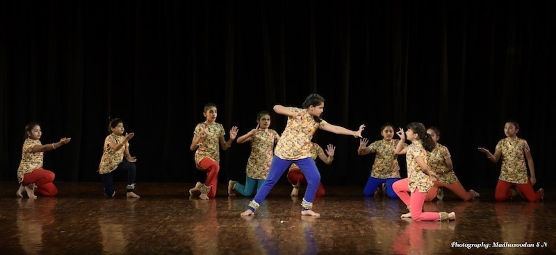 Punyakoti, the moment of attack - the tiger and the cow. From left to right - Tasmai, Aishani, Siya, Ananya, Vindhya, Ananya, Kalyani, Suha and Dhriti. KEA Prabhath Rangamandira Auditorium, Bangalore, February 23, 2019. Image Credit: Madhusoodhan SN.