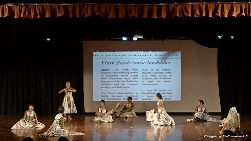 To See or Not to See. 'Flash floods cause landslides. Should we still dance to the beauty of monsoons?' From left to right - Nandita Gowda, Ekshitha Gowda, Laasya VK, Ashlesha Bagadia, Dhanashree BM, Mohita Srinivas, Divyashree KS and Minti Jain. KEA Prabhath Rangamandira Auditorium, Bangalore, February 23, 2019. Image Credit: Madhusoodhan SN.