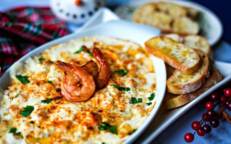 Cheesy Shrimp Dip with baguettes