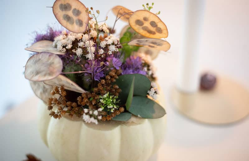 Phacelia und Wiesenblumen in Vase aus Kürbis