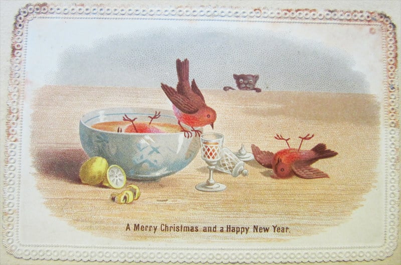 Vintage postcard with two drunken robins and a watching cat. Via National Library of Ireland, 1876.
