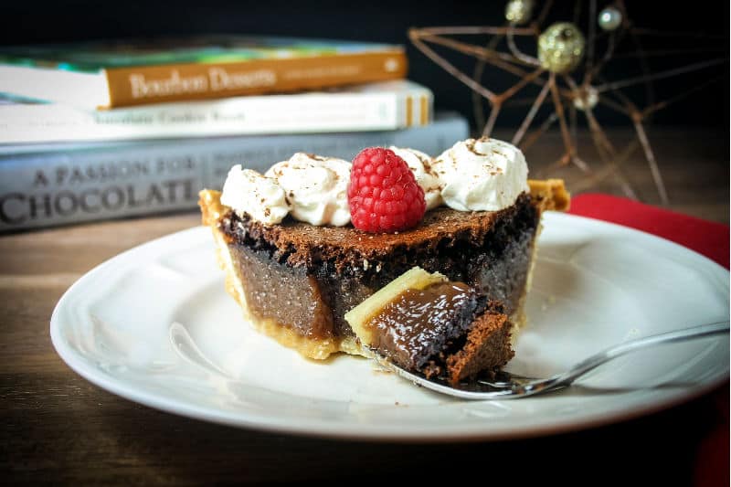 chocolate chess pie bite on a fork