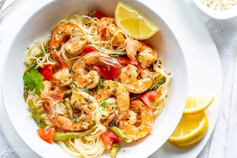 Shrimp Scampi With Asparagus And Tomatoes Saving Room For Dessert