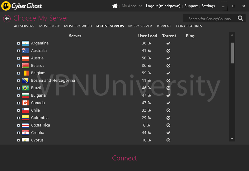 The server location view in the Cyberghost software