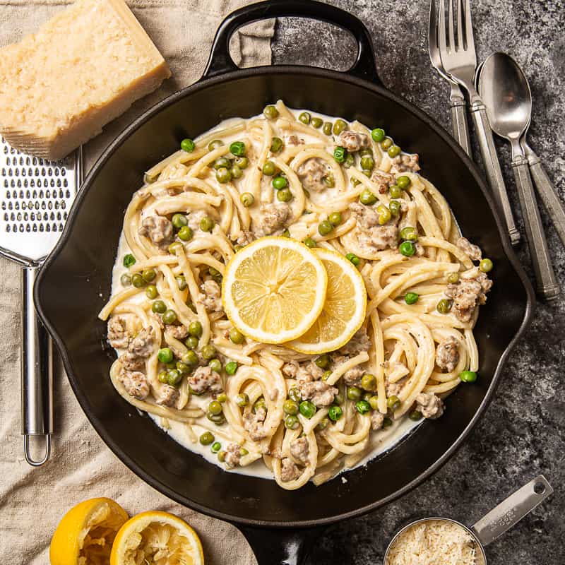 Creamy Lemon Pasta with Sausage and Peas Basil And Bubbly