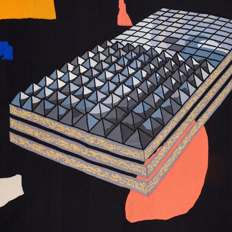 Detail of Malcolm's Smile, 7b Nep Sidhu, 2015. Wool, poly-cotton, and aluminum
