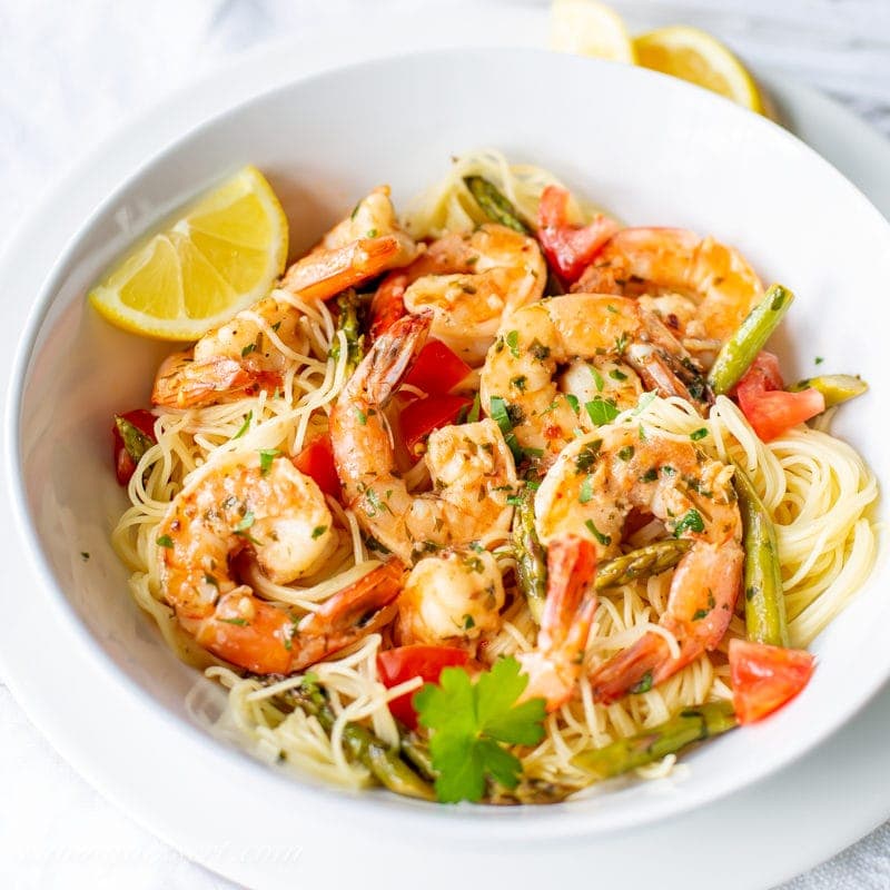 Shrimp Scampi with Asparagus and Tomatoes - Saving Room for Dessert