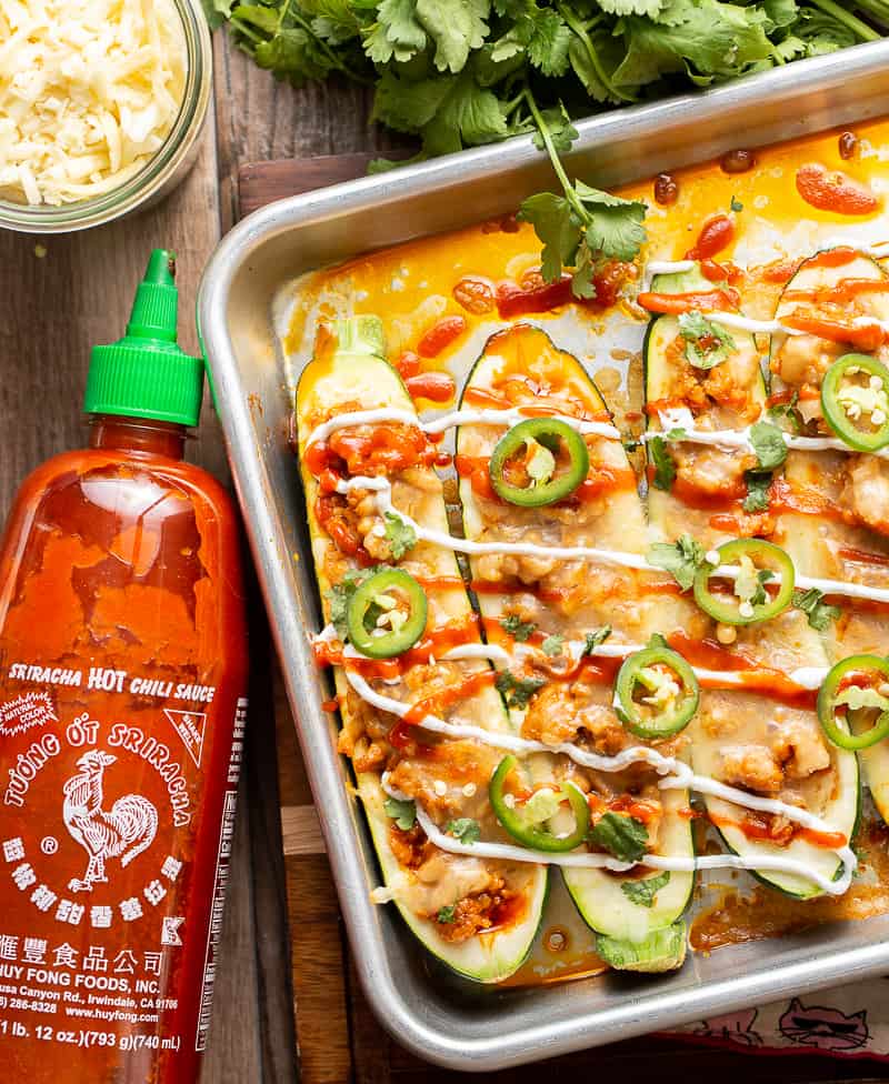 Stuffed Zucchini Boats With Honey Sriracha Ground Chicken Basil And Bubbly