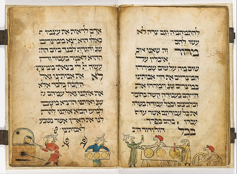 עמוד מתוך ״הגדת ראשי הציפורים״, הכתובה בקליגרפיה בסגנון האות האשכנזית. מקור: וויקיפדיה.