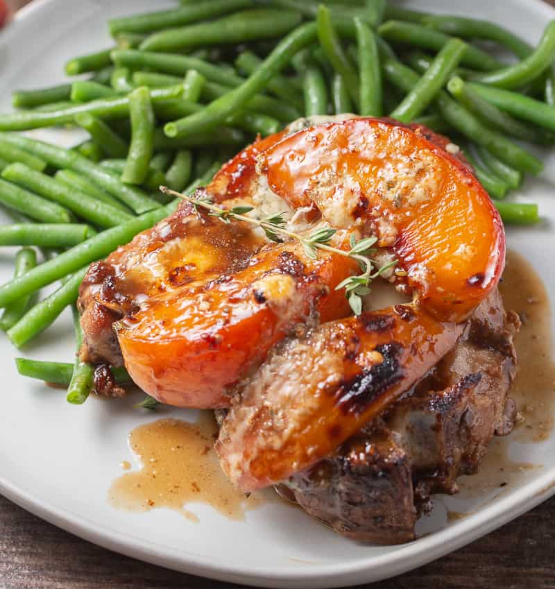 Skillet Balsamic Pork Chops with Peaches and Basil And Bubbly