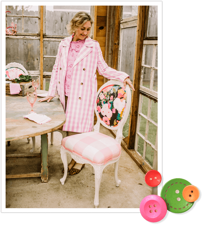 Wendy Conklin in jacket with chair
