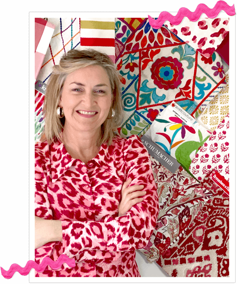 Wendy Conklin with collage of colorful fabrics
