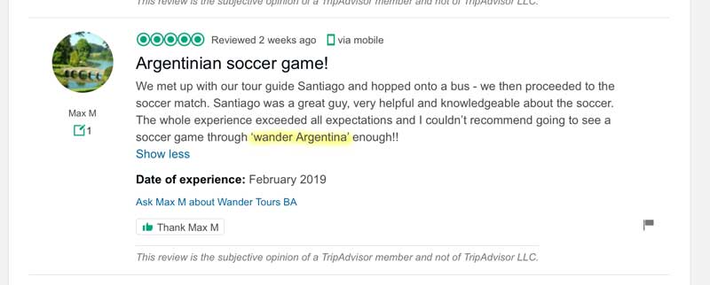 A screenshot of a five star review intended for Wander Argentina left on another businesses' Trip Advisor page.
