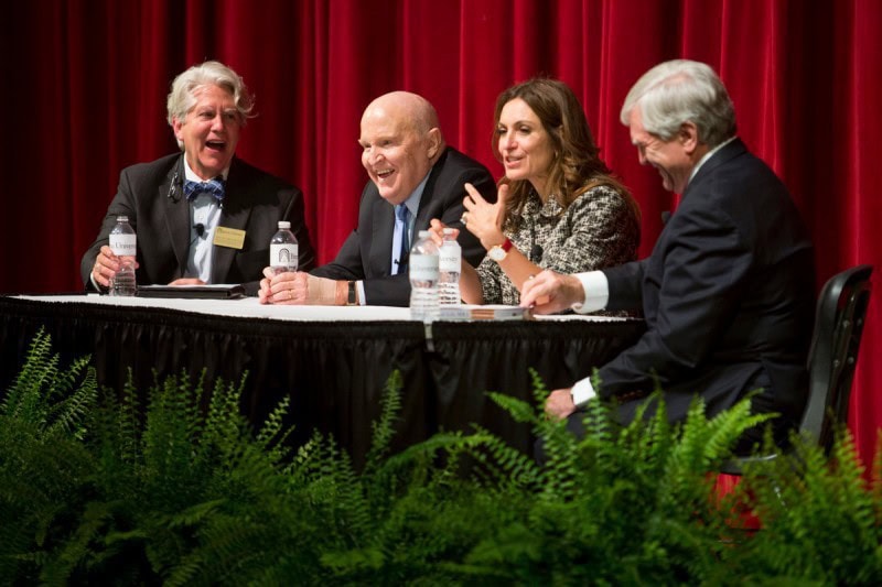 Miller, left, participated in last spring's program in Pearce Auditorium with former GE CEO Jack Welch, his wife Suzy, and Brenau President Ed Schrader.