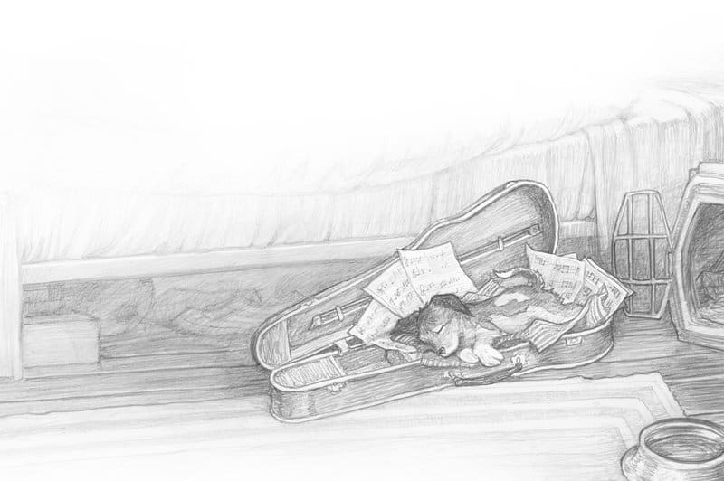Pencil drawing by PJ Lynch illustrator, from the children's book The Dog Who Lost His Bark