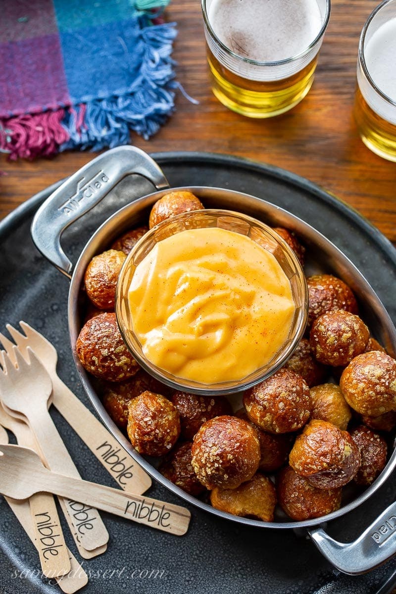 Beer Cheese Dip with Soft Pretzel Nuggets Saving Room for Dessert