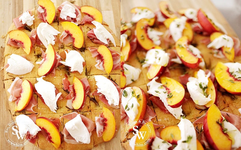 how to make Focaccia Party Bites topped with parma ham, mozzarella and peaches.