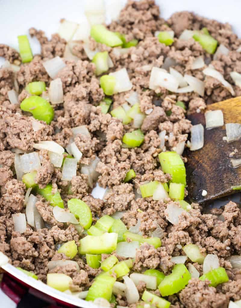 ground beef, celery, onion in a skillet