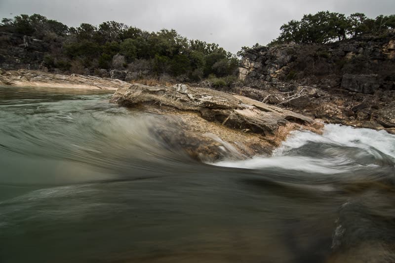 Water swirling around a corner in Pedernales Falls State Park