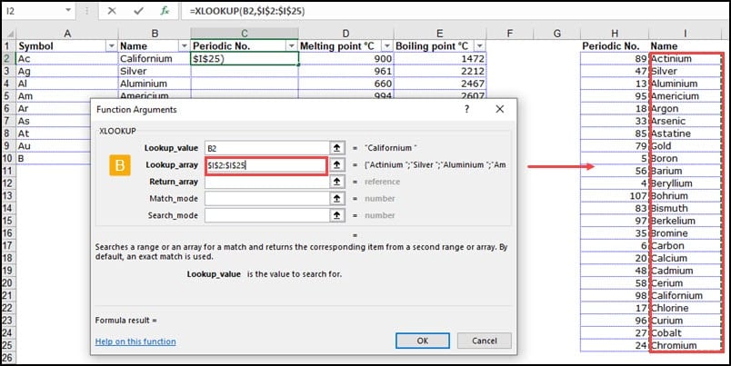 Function Arguments dialog with Lookup_array populated with Column I range.