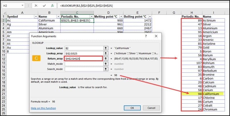 Function Arguments dialog with Return_array value for column H.