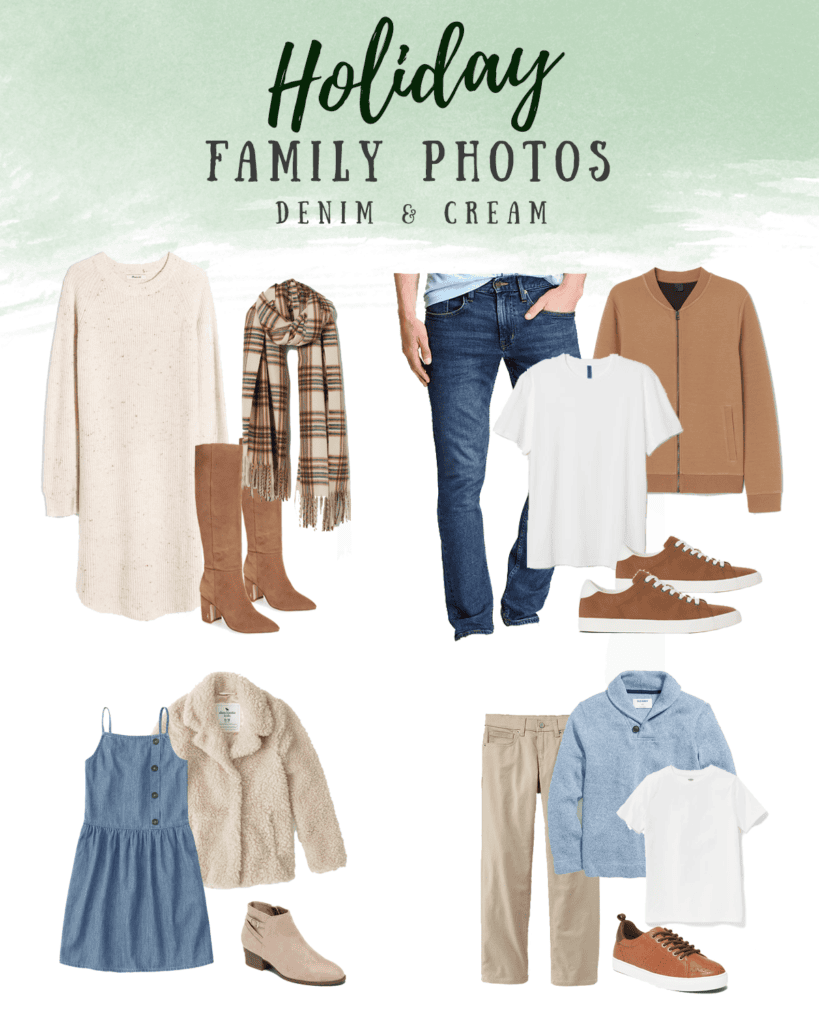 Holiday photo outfit ideas for the family - neutral cream and blue denim outfits theme