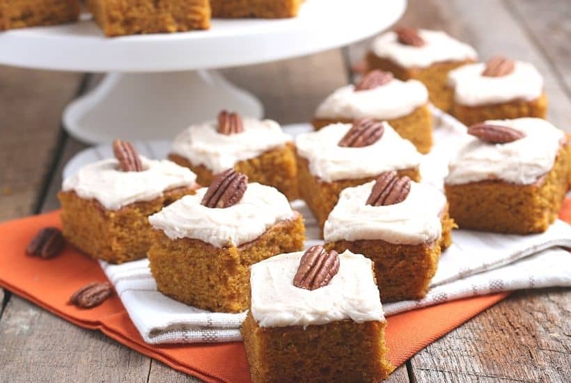 These easy to make pumpkin bars have the perfect combination of pumpkin and spices. Slather on the cream cheese frosting that also has pumpkin pie spice flavor and you have a hit!