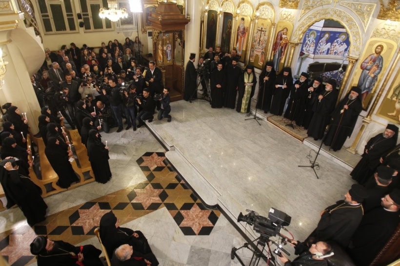 A view shows a prayer of thanks after the release of nuns at the Holy Cross Church in Damascus March 10, 2014.About a dozen nuns held by rebels in Syria for more than three months were released on Sunday and arrived back in Syria after traveling through Lebanon, officials and witnesses said. Witnesses at the Syrian border with Lebanon said the nuns arrived at the crossing early on Monday and headed toward Damascus in a minibus.PHOTO: REUTERS / KHALED AL-HARIRI