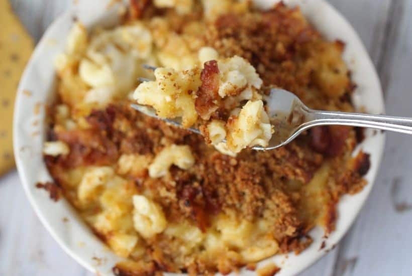 Bacon Cauliflower Macaroni and Cheese is the ultimate comfort food. Creamy macaroni and cheese are mixed with flavorful bacon and farm fresh cauliflower.