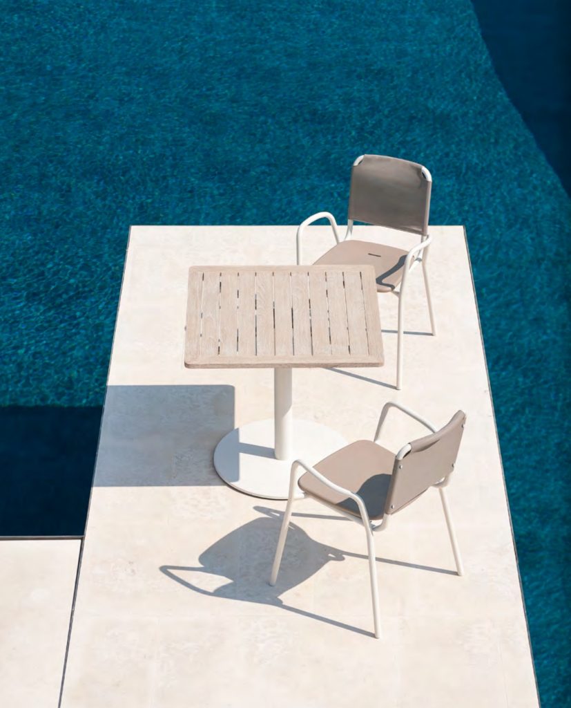 GUEST Armchairs Milk + Batyline Clay + Polyurethane Mole Resin Seat STEM Table Milk + Top in WR White Teak