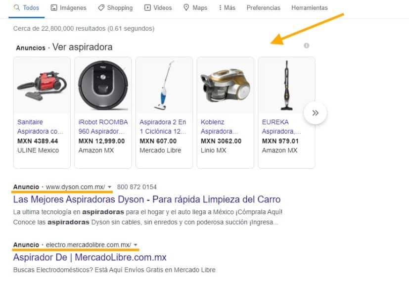 Los anuncios en Google van acompañados de su respectiva descripción. En este ejemplo, podemos ver el tipo search subrayado y el shopping en la parte superior, señalado por una flecha. anuncios en google tipo search lluvia digital