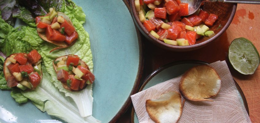 Salmon Poke with Chayote on Cassava Chips