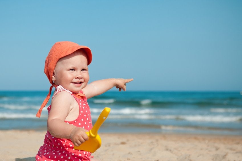 Baby, Mädchen, Strand, Urlaub, Meer, Reise