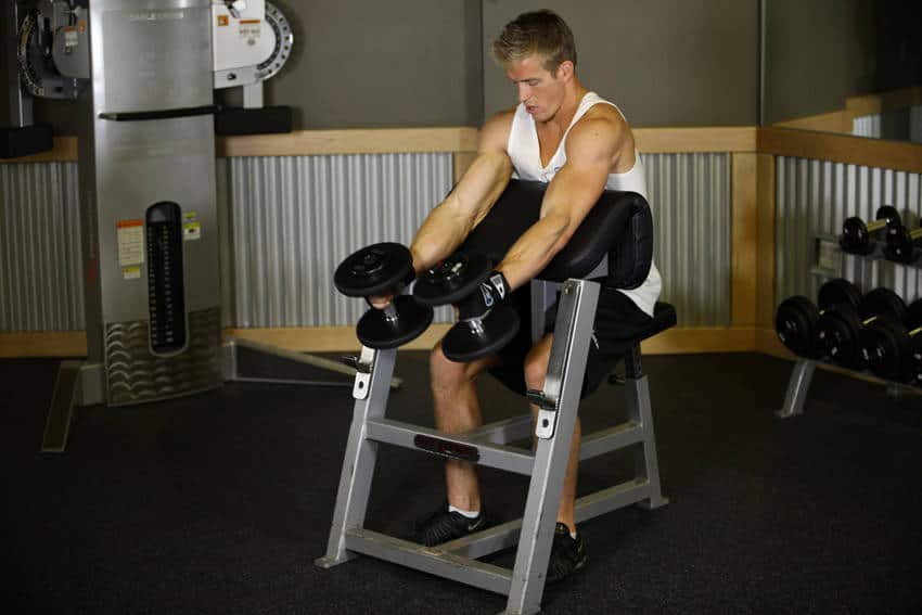 A guy has an exercise at the gym with weights