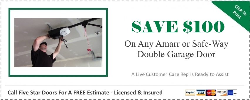 alt=" Amarr garage door coupon, save $100 on a new replacement garage door"