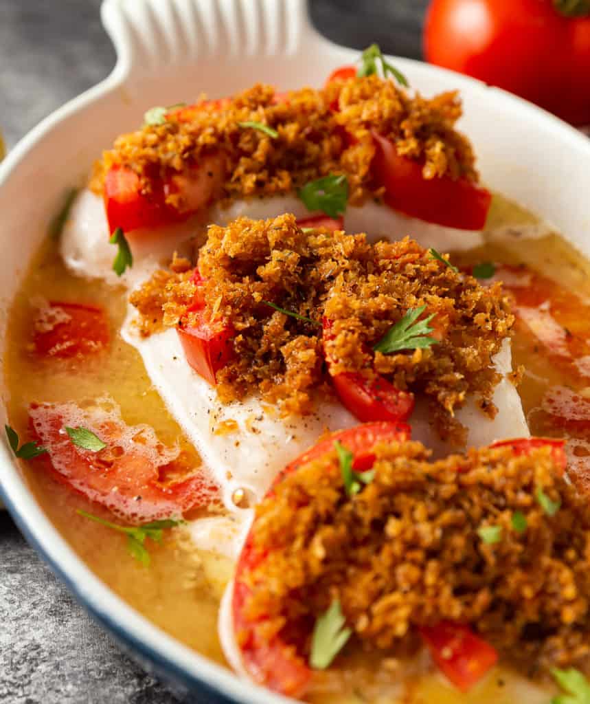 White Wine Baked Cod With Tomatoes And Crispy Breadcrumbs Basil And Bubbly Preheat the oven to 180°c/gas mark 4. white wine baked cod with tomatoes and