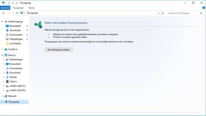 Een Windows 10 Thuisgroep aanmaken.