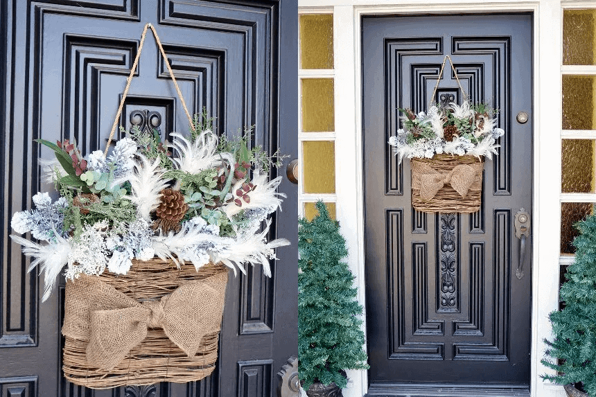 DIY DOOR FRONT PORCH DECOR IDEAS WITH WINTER BASKET WREATH