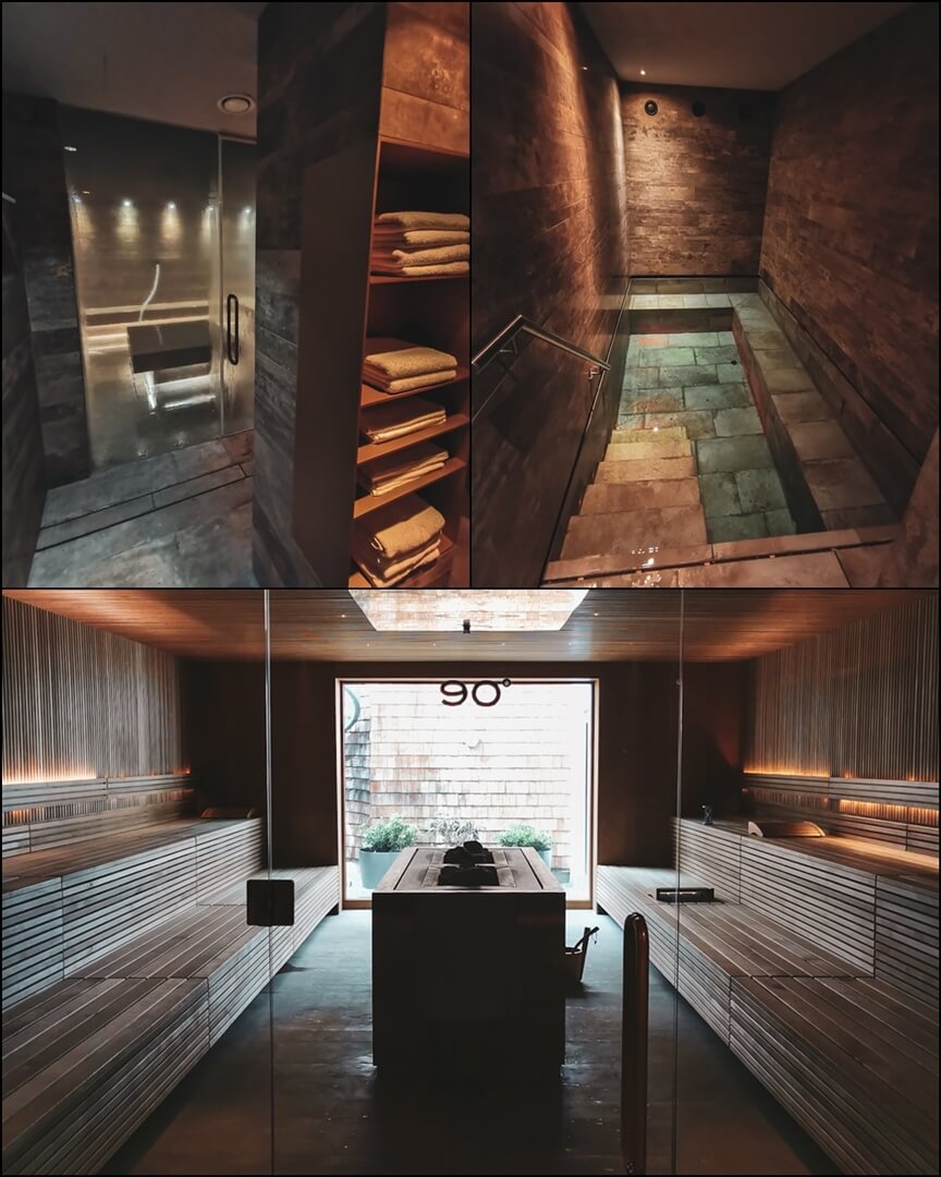42°C Dampfbad (links), 42°C Wasserbecken (rechts), 90°C Sauna (unten) im Mizu Onsen Spa Bereich