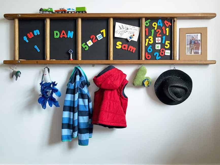 Wooden ladder magnetic board with hooks