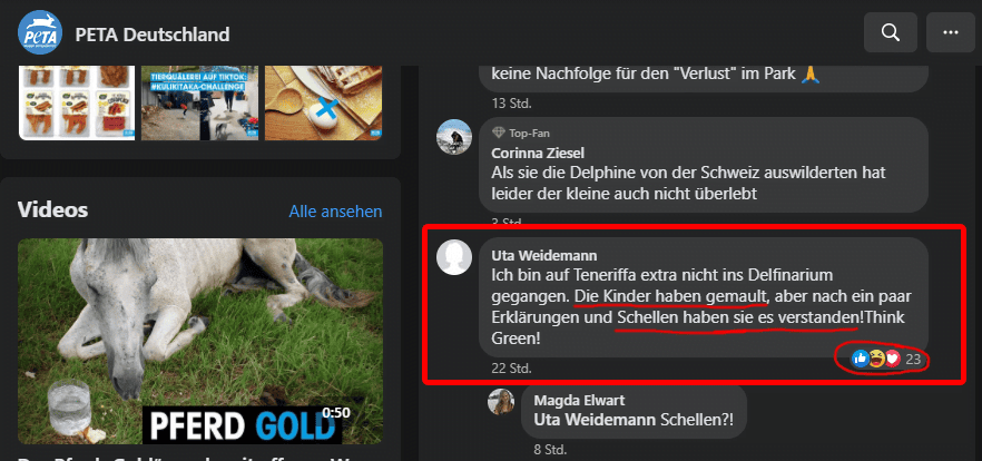 Screenshot Facebook Seite Peta Deutschland e.V.
