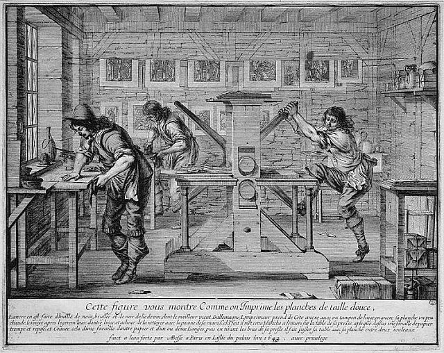 A printer's workshop by Abraham Bosse circa1642. Sourced from Wikimedia Commons and identified by them as being in the public domain.