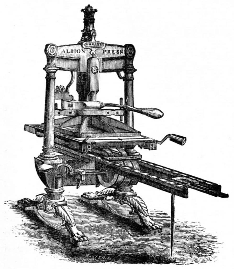 Albion Press, woodcut by George Baxter | Wikicommons pd