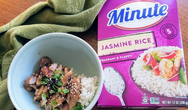 Chicken over rice served in blue bowl, minute jasmine rice product