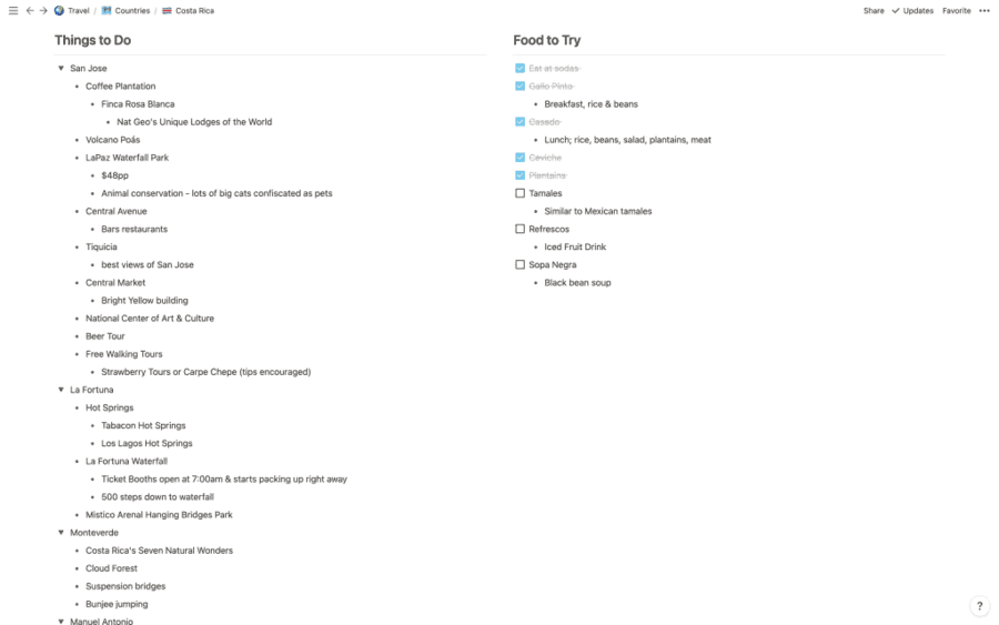 Screenshot of Things to Do for Costa Rica from The Passport Couple Travel Itinerary