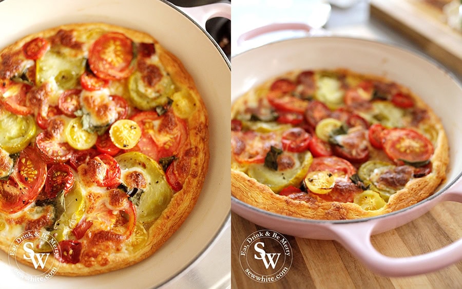 Puff Pastry Tomato Tart in the pink Le Creuset shallow casserole metal dish