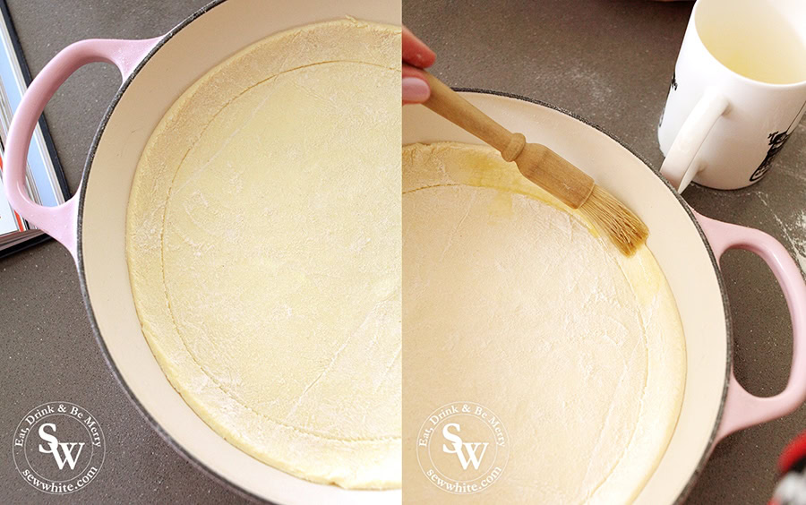 Making the puff pastry boarder for the Puff Pastry Tomato Tart, brushing it with melted butter.